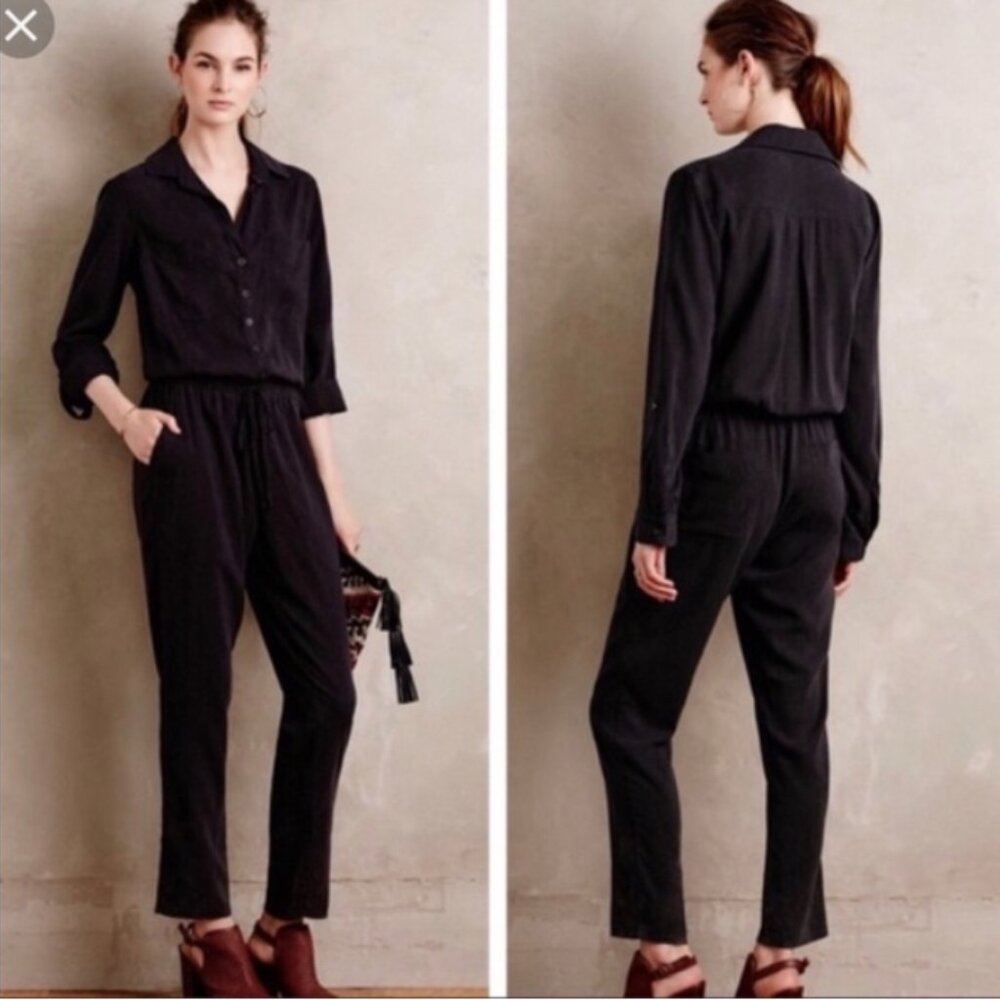 Anthropologie Cloth & Stone black tencel lyocell‎ long sleeve jumpsuit M